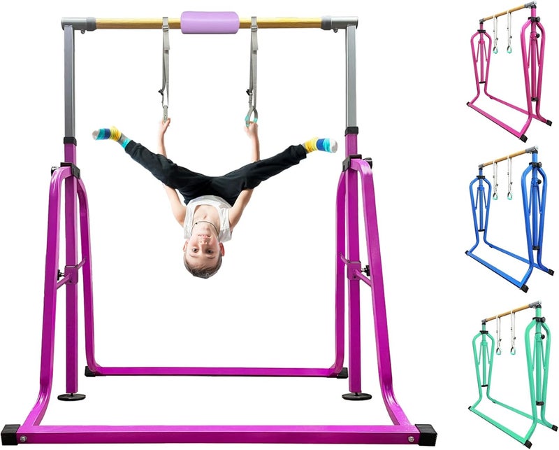 kechery Foldable & Moveable Gymnastics Horizontal Bar with Rings,3’to 5’Adjustable Height Expandable Junior Kip Bar for Home,Indoor Gym Equipment for Kids - Image 1